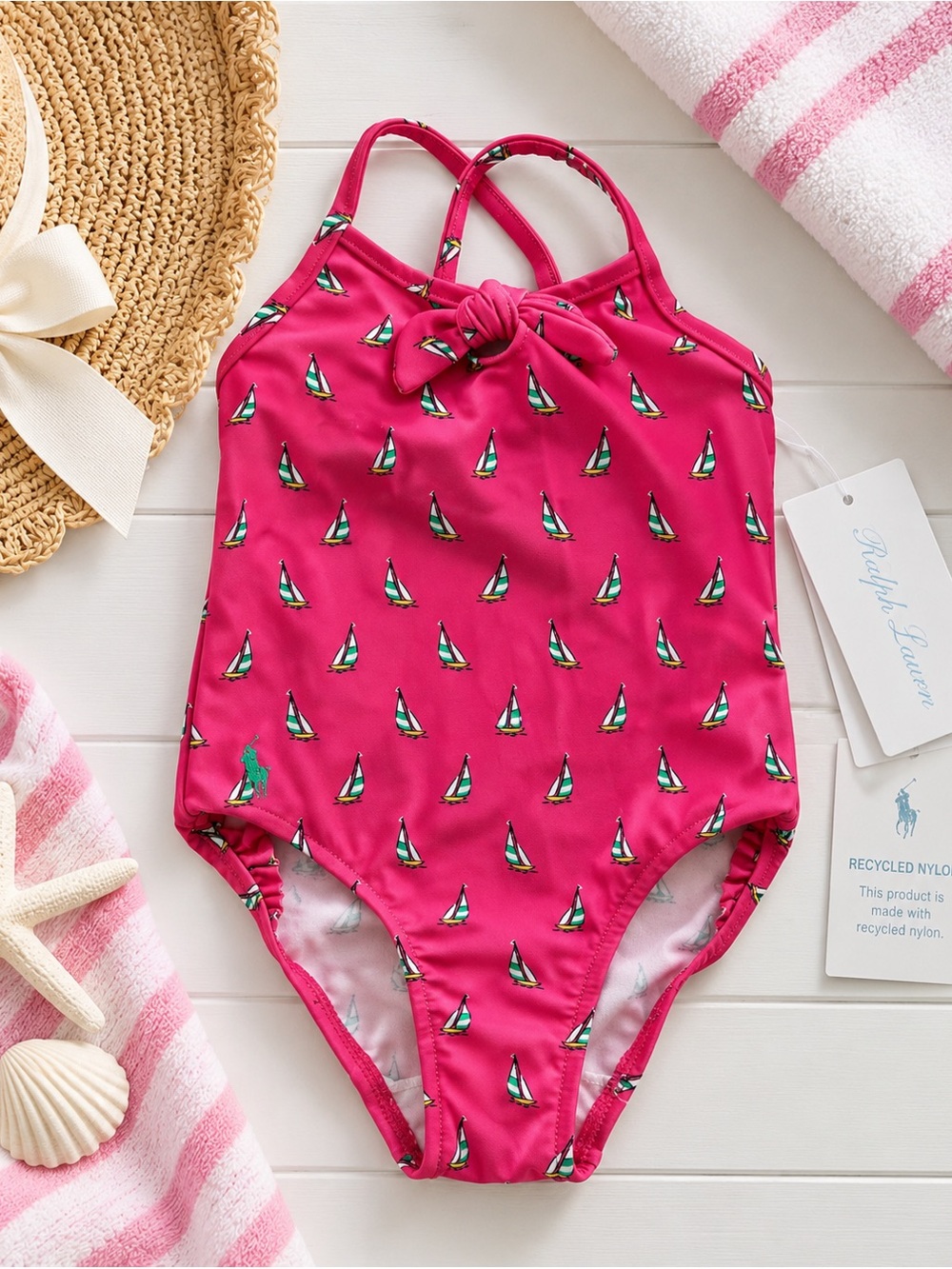 Ralph Lauren Baby Girls Sailboat One Piece Swimsuit Pink NWT Size 3M/6M